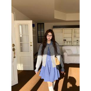 连衣裙两件套 女内搭格子长袖 宅女家早春套装 灰色单排扣针织开衫