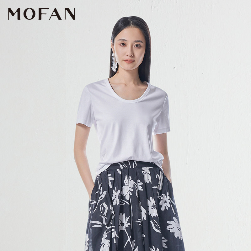 朗讯白包边圆领短袖T恤女MOFAN摩凡2026夏新款100%纯棉休闲上衣