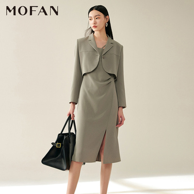 MOFAN摩凡秋新款灰绿色连衣裙
