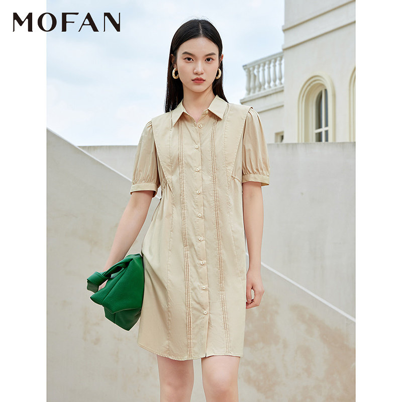 MOFAN摩凡优雅泡泡袖衬衫裙女春夏新款燕麦色高腰温柔风连衣裙