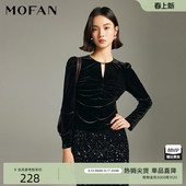 上衣 女MOFAN摩凡春秋小开口设计女式 黑色泡泡袖 圆领褶皱小衫