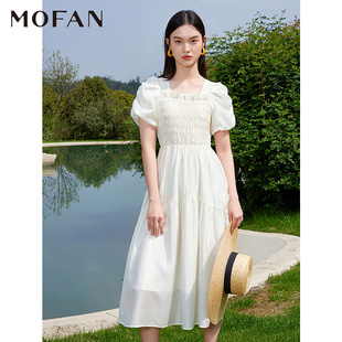 MOFAN摩凡甜美泡泡袖显瘦公主裙女春夏月光白温柔风收腰连衣裙