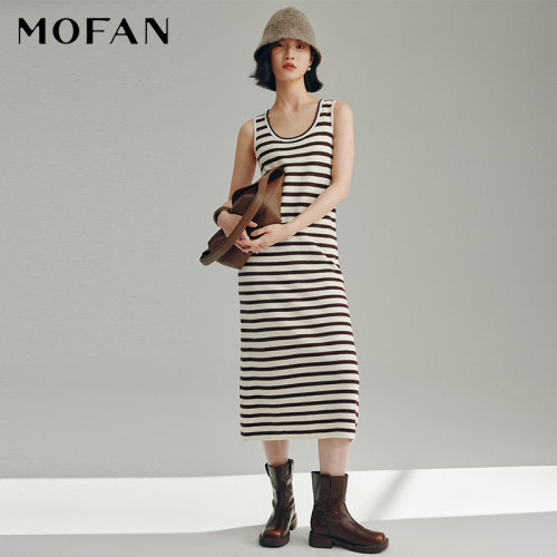 MOFAN摩凡秋新款米咖条纹连衣裙