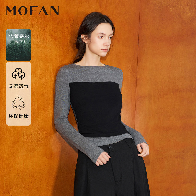 女装秋冬季黑灰拼色长袖T恤女MOFAN摩凡圆领修身显瘦通勤上衣衬衫