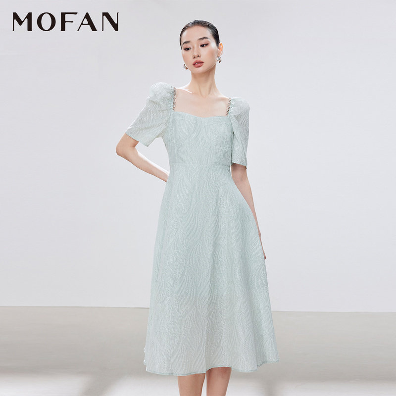 MOFAN摩凡淡绿色泡泡袖茶歇裙										