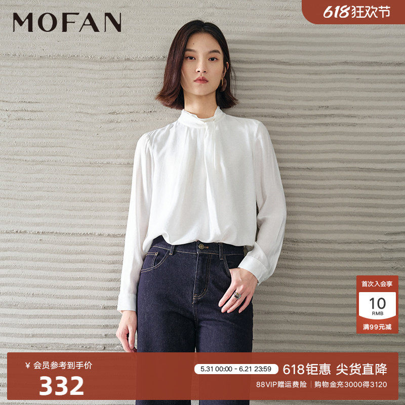 【商场同款】MOFAN摩凡冬新款象牙白立领飘带设计感雪纺衫女
