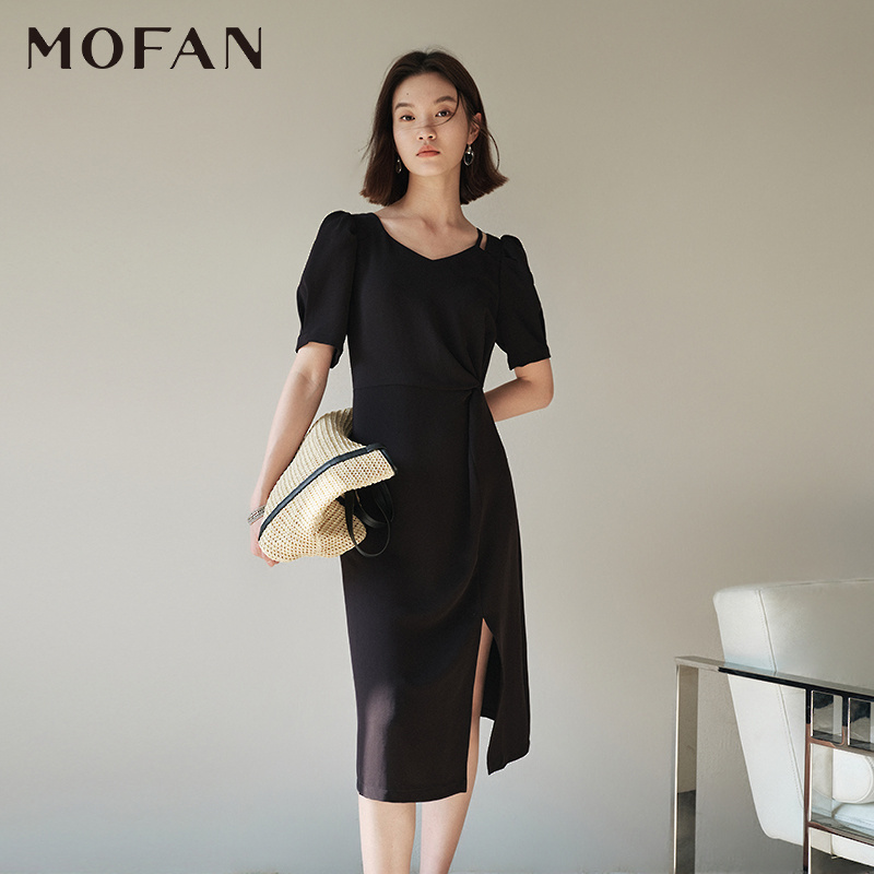 MOFAN摩凡夏新款暗夜黑连衣裙