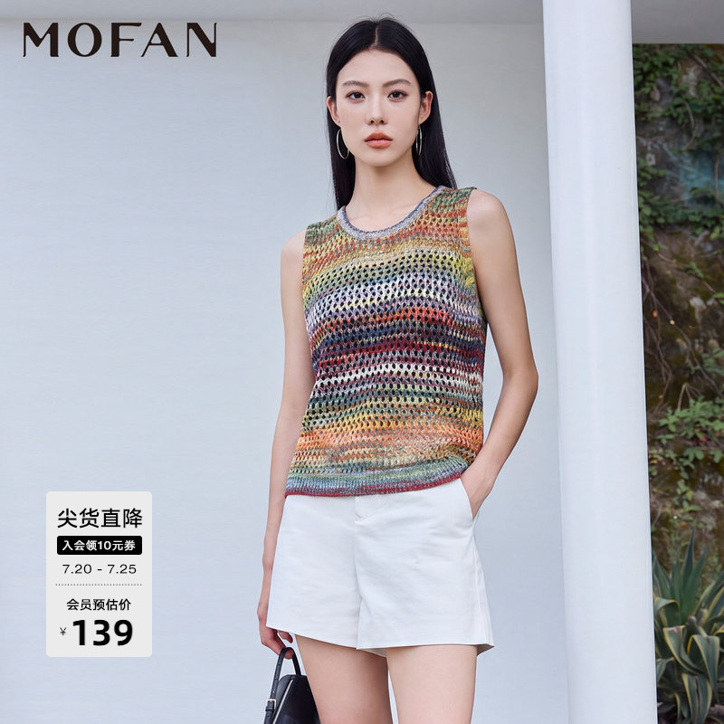 简约圆领网眼镂空针织衫女MOFAN摩凡2026夏新款彩色条纹毛针织衫