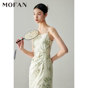 MOFAN摩凡新中式国风旗袍裙夏杏色捏遮设计感显瘦吊带连衣裙