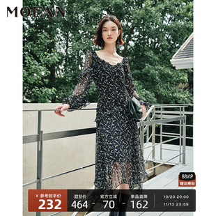 甜美荷叶边方领显瘦连衣裙MOFAN摩凡春秋款黑色不规则雪纺仙女裙