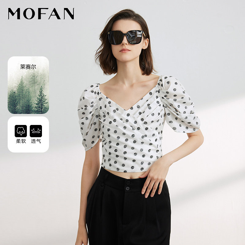 时髦褶皱设计感雪纺衫女MOFAN摩凡夏装新款白底黑点V领女式上衣