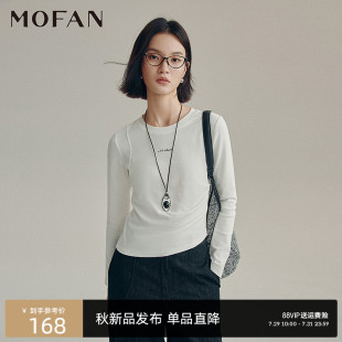 休闲长袖 打底上衣 白色圆领T恤女显瘦MOFAN摩凡2025秋新款 百搭修身