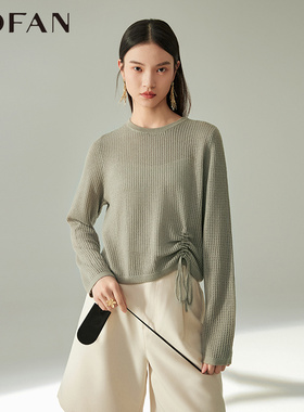 慵懒风镂空针织衫女MOFAN摩凡春秋款岩灰色抽绳设计时髦罩衫显瘦