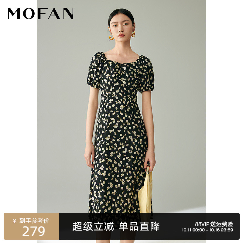 【商场同款】MOFAN摩凡泡泡袖碎花茶歇裙夏款黑色收腰连衣裙