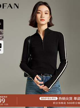 撞色条纹100%绵羊毛衫女MOFAN摩凡冬新款黑色修身毛衣针织衫显瘦