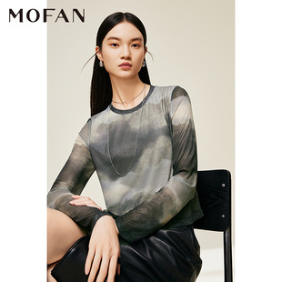 MOFAN摩凡时髦气质晕染印花设计感T恤女春秋款 绿色花纹女士上衣 款