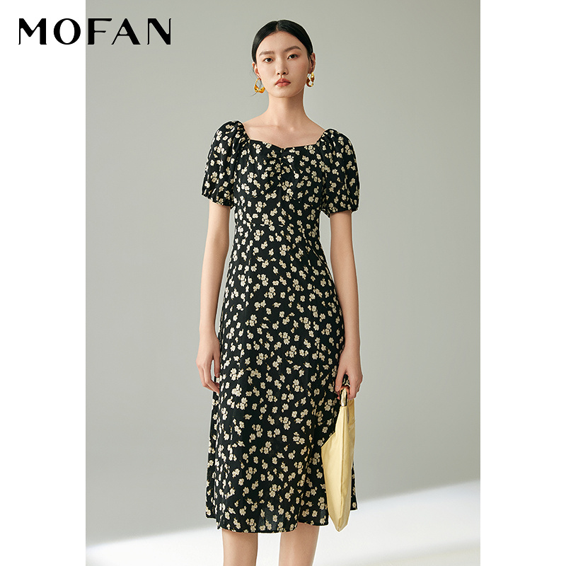 【商场同款】MOFAN摩凡泡泡袖碎花茶歇裙夏款黑色收腰连衣裙