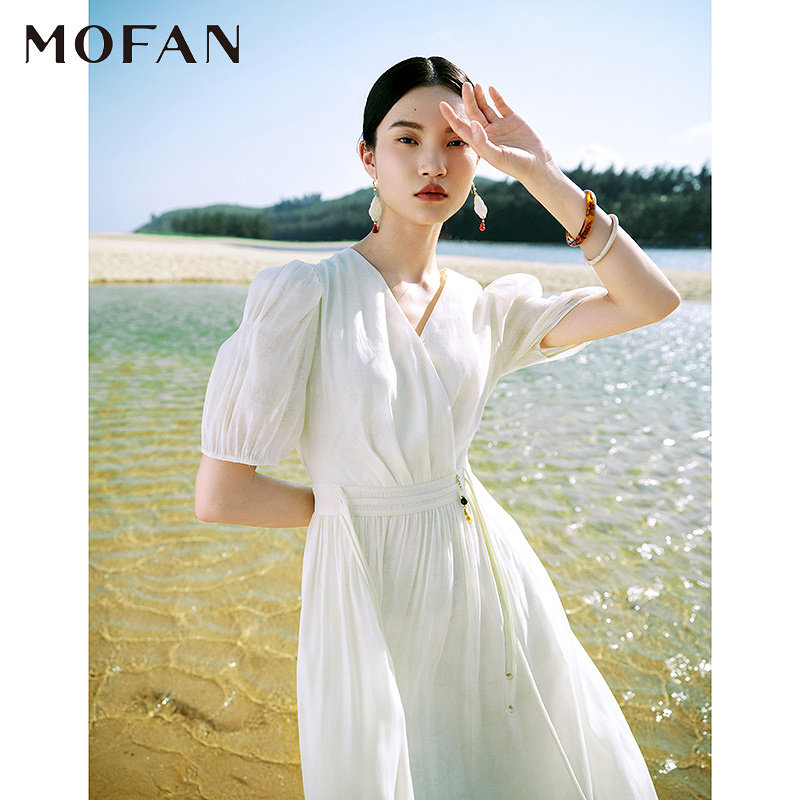 MOFAN摩凡法式复古泡泡袖茶歇裙夏新款米色花纹V领显瘦连衣裙,女装/女士精品,连衣裙,淘宝优惠券,粉丝福利购,淘宝优惠卷