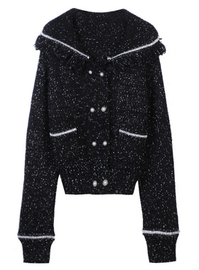 欧美2020秋冬新品女装长袖连帽黑色厚款宽松条纹针织开衫外套现货