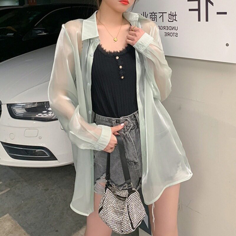 冰丝防晒衬衫女长袖披肩夏季宽松雪纺开衫上衣透气空调衫薄款外套