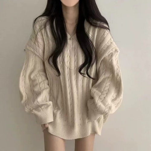 现货 韩国chic宽松慵懒秋冬毛衣女麻花坑条设计感简约厚针织上衣