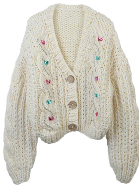 2023秋冬新款女装V领长袖宽松厚款麻花镶钻白色针织开衫外套现货