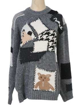 灰色卡通小熊勾花毛针织衫上衣女套头宽松韩系慵懒休闲风高级