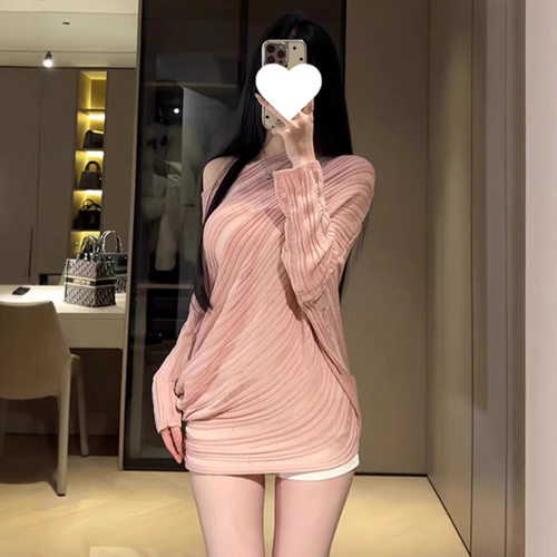 韩系慵懒风黑色镂空针织衫女夏季肌理感辣妹显瘦露肩百搭性感上衣