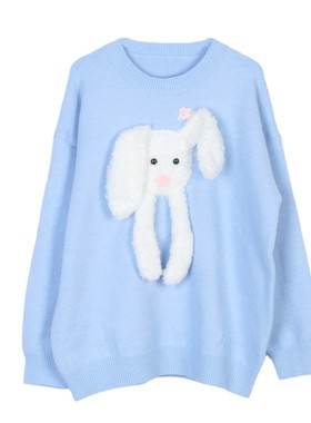 2024秋冬新款纯色圆领卡通熊慵懒风长袖针织可爱套头针织衫上衣女