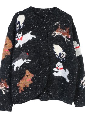 乌雅韩版毛衣女2024秋冬新款女宽松卡通熊猫小狗提花毛衣针织开衫