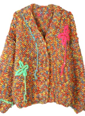 欧美慵懒V领毛衣开衫女式撞色手工花朵宽松气质时尚春秋新款毛衣