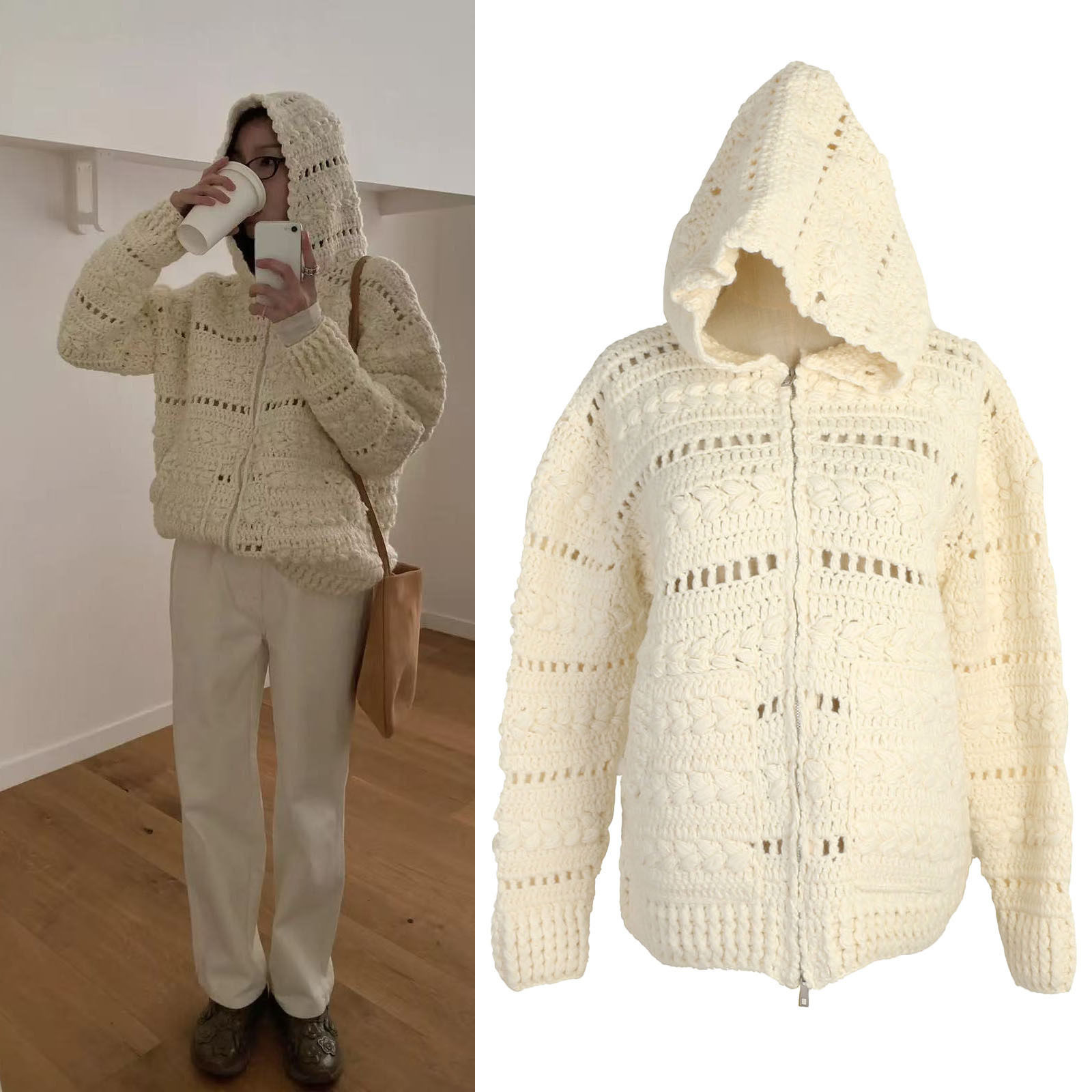 韩版麻花毛衣开衫外套秋冬新款连帽毛衣开衫手钩宽松温柔毛衣女式