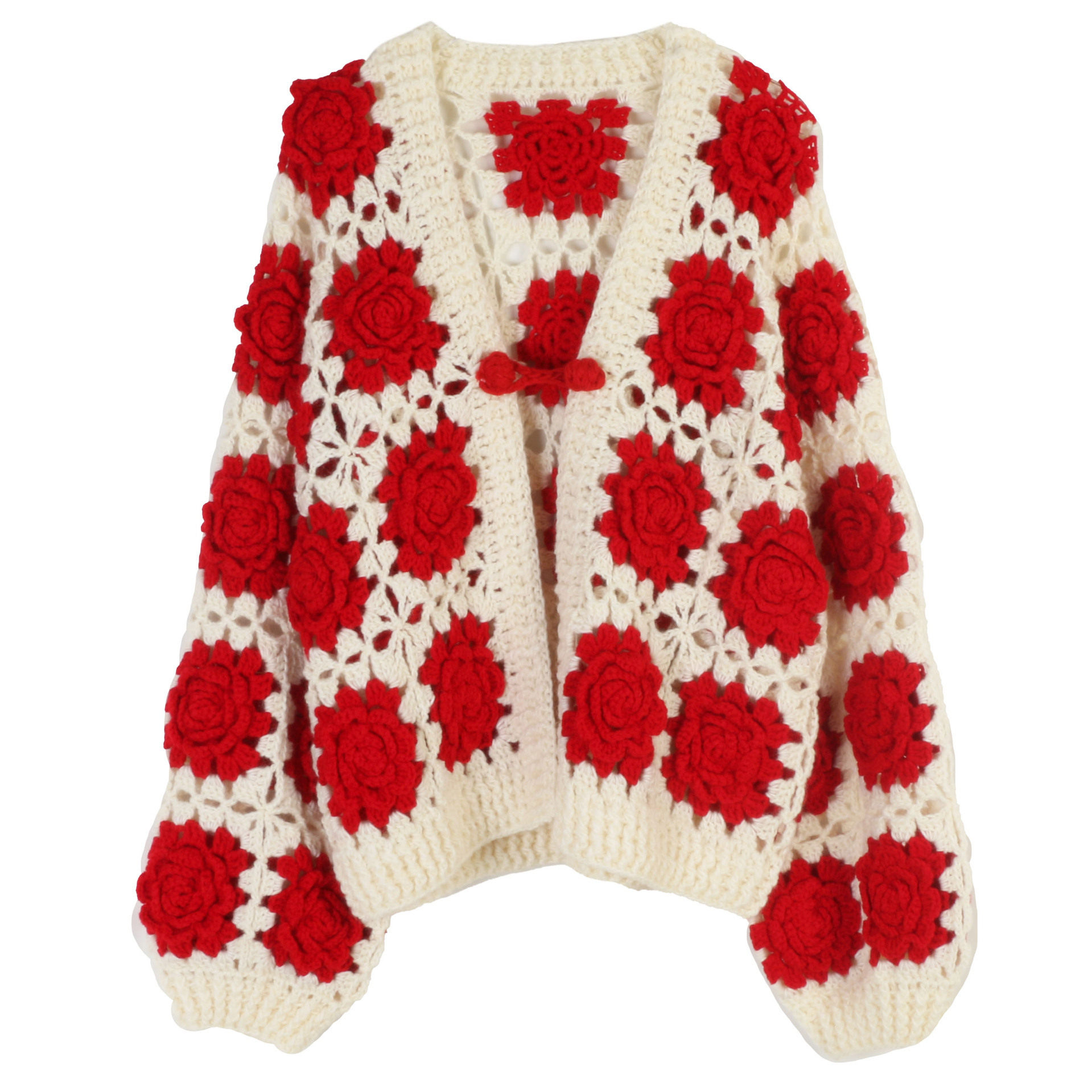 韩版长袖毛衣针织开衫女V领手勾花显瘦宽松气质秋冬新款毛衣外套
