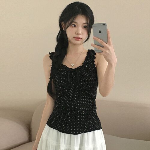JFL34942欧美甜美风BM波点撞色木耳边V领背心跨境褶皱显胸型修身