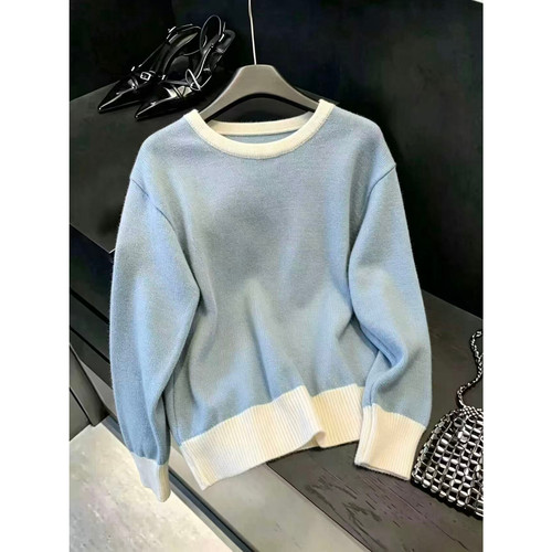 款实拍蓝色长袖圆领套头毛衣外穿女宽松慵懒风上衣独特气质针织衫