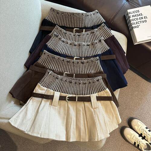 实拍 设计感秋冬新款针织拼接高腰灯芯绒半身裙少女感百褶A字裙