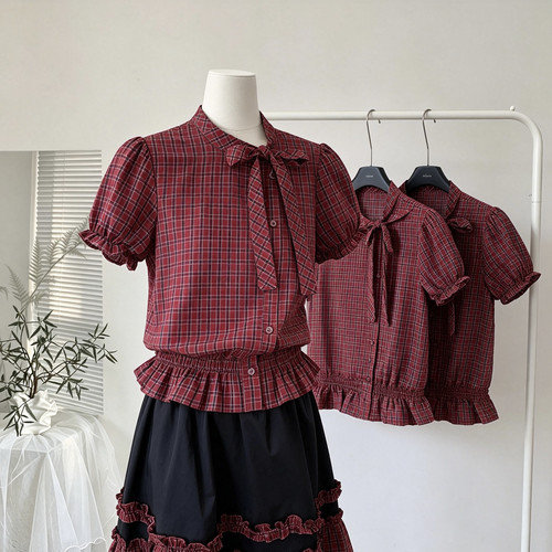 实拍夏季新款 女装收腰甜美少女风格子泡泡袖衬衫学院风衬衣上衣