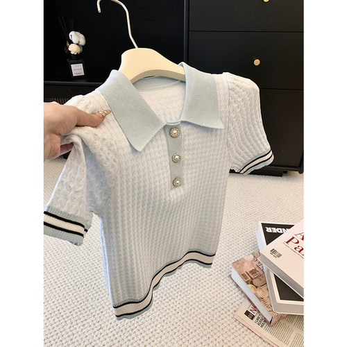 实拍撞色条纹polo领针织短袖夏季设计感纽扣气质减龄显瘦T恤上衣