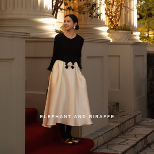 大象和长颈鹿 黑天鹅 双生花 黑白撞色丝绒绸缎连衣裙 512202