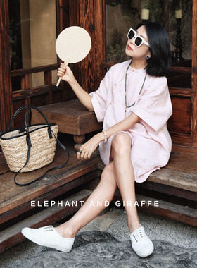 大象和长颈鹿 楚楚动人 亚麻刺绣浪漫樱花粉新中式旗袍亲子507306