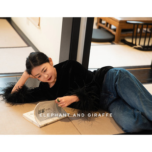 大象和长颈鹿 午夜名伶奢美真丝丝绒可拆卸鸵鸟毛装饰上衣 601210