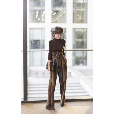 大象和长颈鹿 走路带风有范 高腰翻边系带拖地阔腿裤 012102