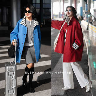 英伦风 大象和长颈鹿 格纹铺陈 蓝红现代感 603102 AB面人生风衣