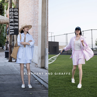 大象和长颈鹿 都市漫步宽松有型牛津纺精梳棉衬衫短裤套装 506412