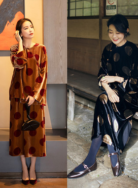 大象和长颈鹿 「闪耀时刻」轻奢真丝丝绒大波点套装连衣裙 401105