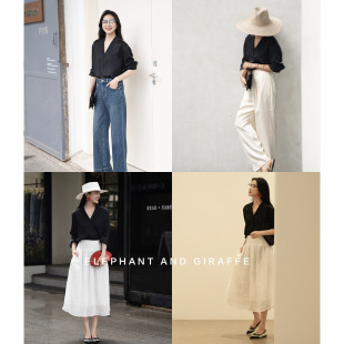 大象和长颈鹿 黑曜石流光 小翻领醋酸缎面衬衫百搭黑衬衫508107