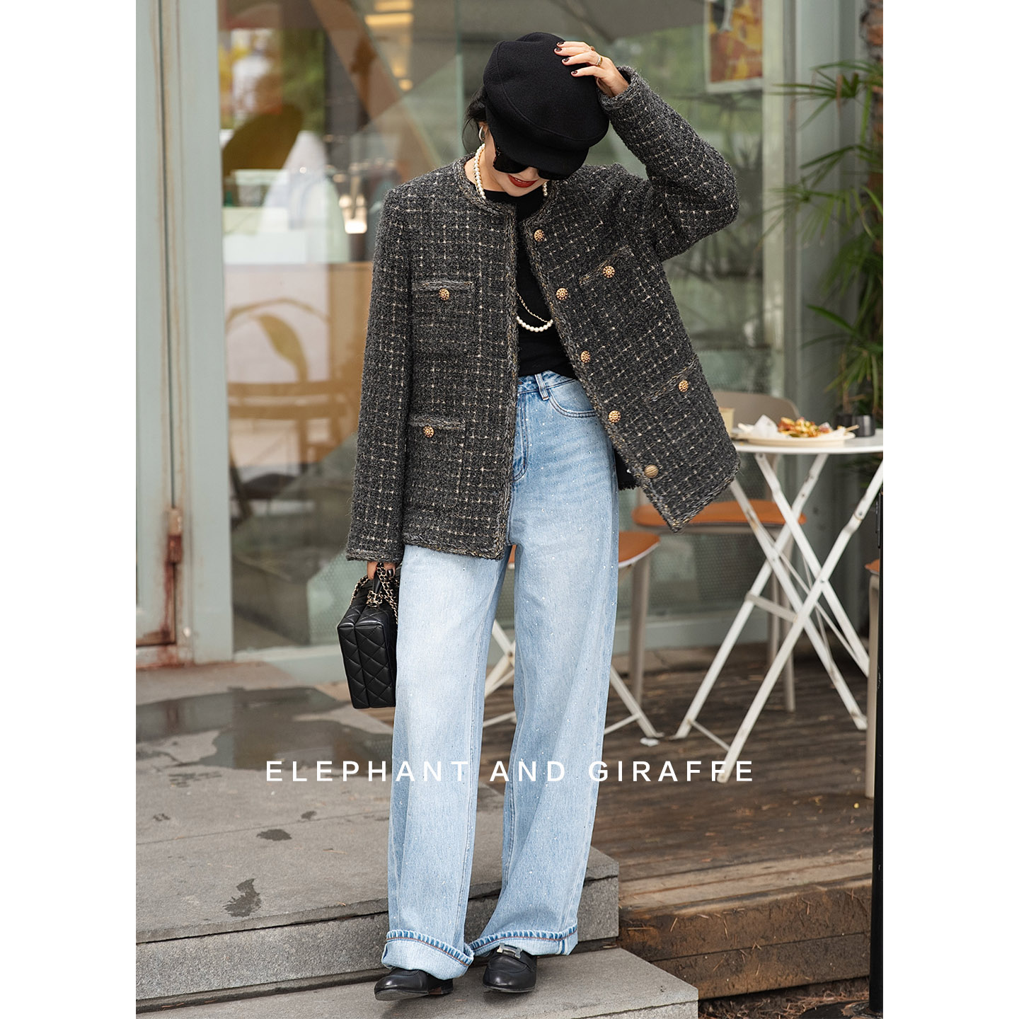 大象和长颈鹿 Bling Bling烫钻阔腿棉质牛仔裤高级磨白水洗510314