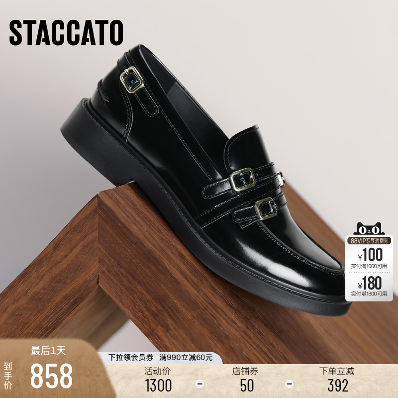 思加图黑胶夜曲英伦风黑色乐福鞋