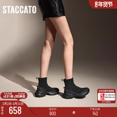 思加图新款 黑布林袜靴短靴厚底增高弹力瘦瘦靴女EYL05DD4