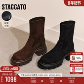 思加图新款 百搭弹力靴黑色瘦瘦靴中靴厚底增高加绒女靴子Y2563DZ5